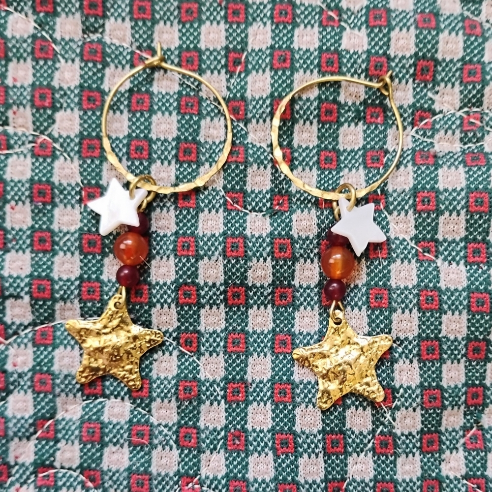 Hammered Brass Star Charm Hoop Earrings - Picture 2 of 3